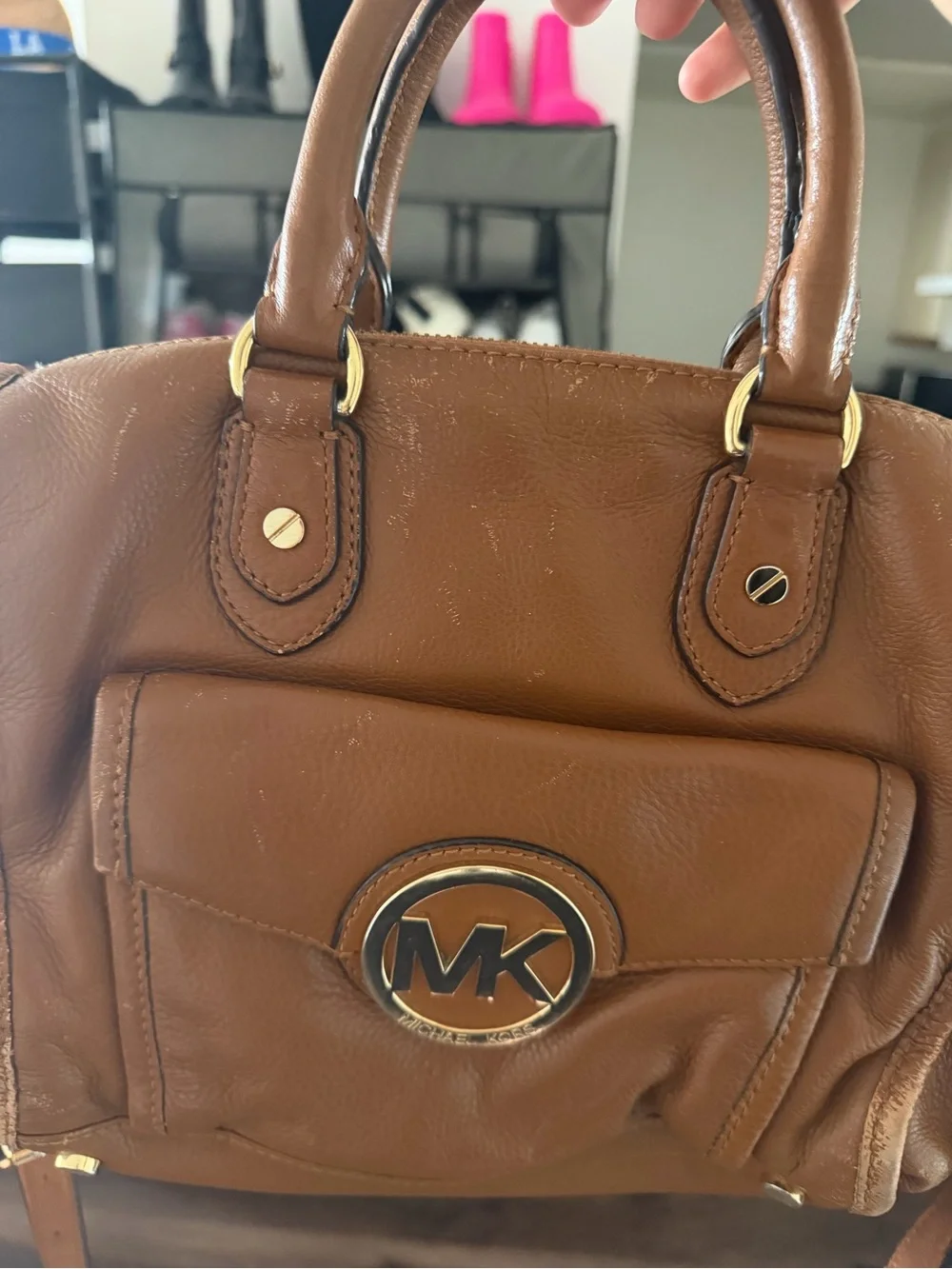 Michael Kors Brown Leather Satchel with Gold MK Emblem
